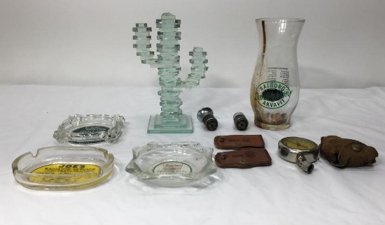 Large Lot of Advertising including Vintage Tire Pressure Gauge-Cigarette Lighters and Ash Tray