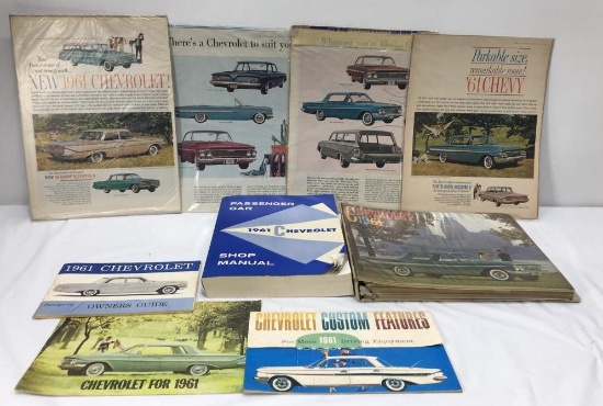 Lot of 9 Old Chevrolet Advertising and 1961 Owners Guides and 1961 Shop Manuals