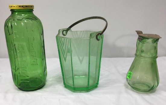 Green Depression Glass Ice Bucket Syrup Dispenser and Random Green Jar