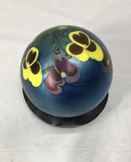 Signed Hand Painted Orient and Flume Glass Paper Weight with Wood Base