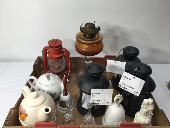 Box of Old Kerosene Lamps Candle Holders Bells and Tea Pots