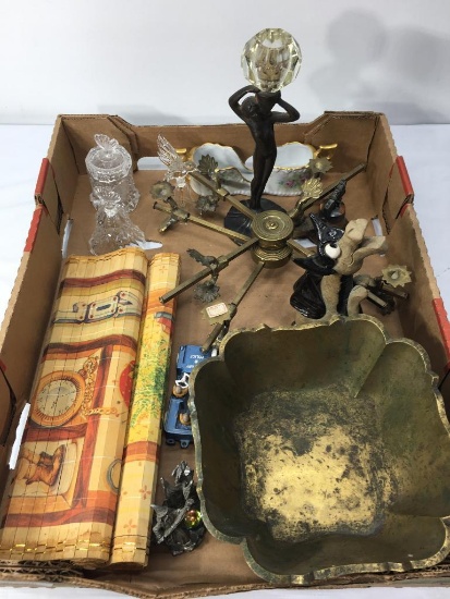 Box of Brass Dish Holders Candle Holder Dish Plastic Jeep Pewter Dragon Ball Holder and More