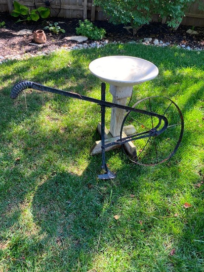 Antique Garden Plow and Heated Bird Bath