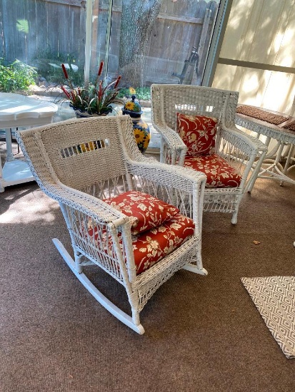 2 Piece Wicker Set - Rocker and Fixed Chair with Cushions