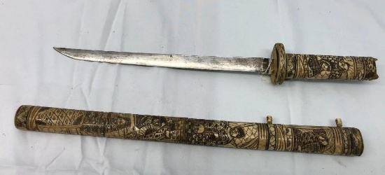 Carved Bone handle & Scabbard Katana 12-1/2in Blade