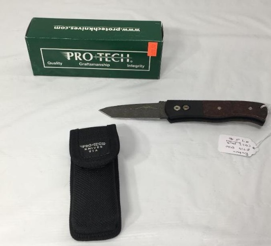 Protech E713 DIW CQC7 Auto Damascus 7of 10 Presentation Grade Desert Ironwood