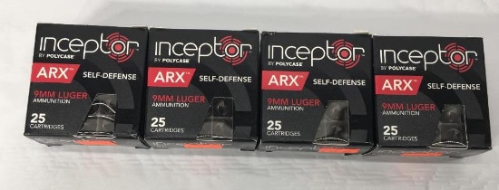 4 Boxes Inceptor by Polycase ARX Self Defense 9mm Luger Ammunition 25 Cartridges per Box 100 Total