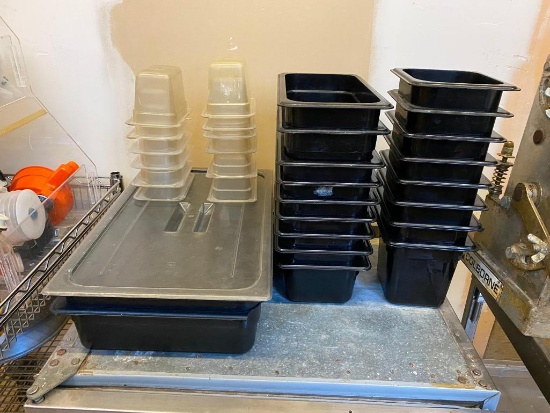 Large Group of Cambro Camwear Plastic Food Pans, 1/9, 1/6, 1/3 and Full Size, 1 Lid for Full Size