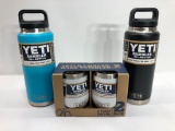 3 Items: 2x YETI 36oz Bottles - 1 Black, 1 Reef Blue, & YETI Wine Tumbler 2 Pack - White