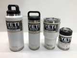 4 Items: YETI 36oz Bottle, YETI 18oz Bottle, YETI 30oz Ramble, YETI Colster - All White