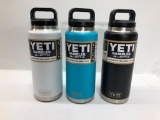 3 Items: 3x YETI 36oz Bottle - 1 White, 1 Reef Blue, 1 Black