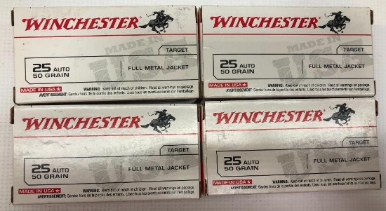 Winchester 25 Auto 50gr FMJ - 4 Boxes, 200 Total Rounds