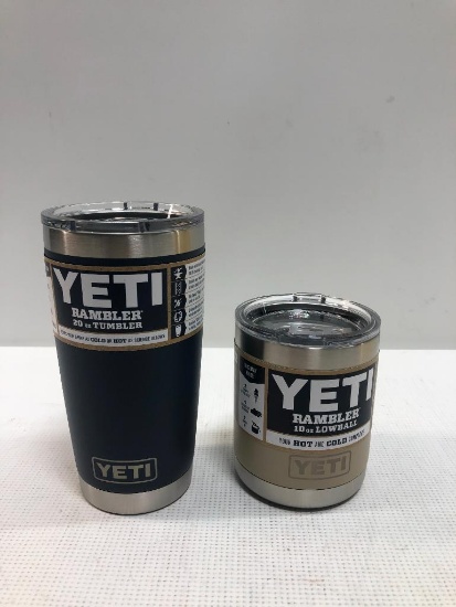 2 Items: YETI Rambler 20oz Tumbler, YETI Rambler 10oz Lowball, Navy and Sand