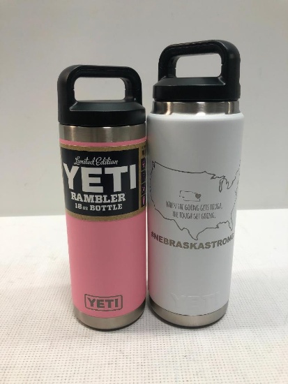 2 Items: YETI Rambler 18oz and 26oz Bottle, Pink LE, White USA and Nebraska Shape