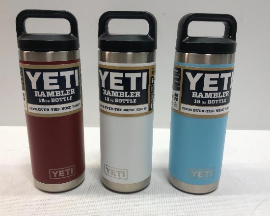 3 Items: YETI Rambler 18oz Bottle, Sky Blue, Brick Red and White