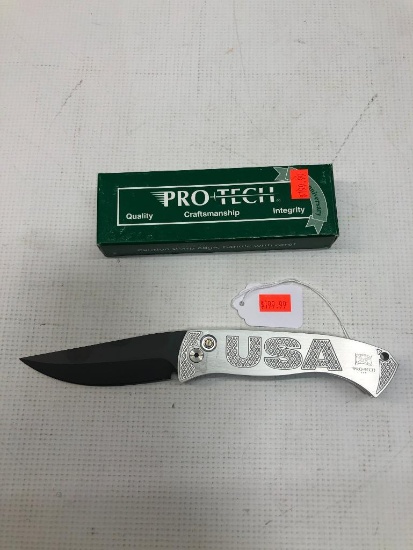 ProTech Knives 1345 Brend Auto #3 Silver Handle w/USA Dia Knurl Inlay Button & Black Blade - MSRP:
