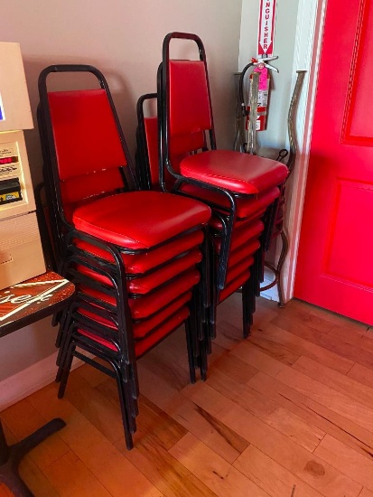 Stack Chairs, Red & Black, Vinyl Cushion, Black Frame, Chair 65 x's/$