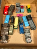 Box of Old Metal Vehicles, Some Cast Iron, Dinky Toys, Tootsic Toys and Argo