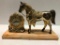 Vintage Brass Clock and Horse Figure on Plastic Marble Looking Base