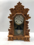 Antique Wm. L. Gilbert Geranium Wooden Kitchen Clock w/ Key & Pendulum