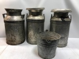 3 Vintage Cream Cans and Galvanized Milk Pail