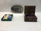 Table Top Mirror, Wooden Box w/Pocket Knives, and Vintage Stamp Books
