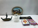Box of Various Collectibles Including Viking Ship and Big Deck Cards