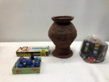 Flash Bulbs, Poker Chip Set and Hand Made Clay Vase