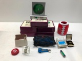 Box of Drug Rep Giveaways Clocks, Small Suitcase Locks, Cards and More