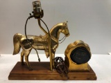 Vintage Brass Clock, Lamp, and Horse Figure on Wooden Base - Horse has Broken Leg