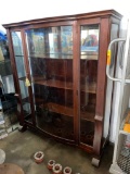 Antique Mahogany Curved Front China Cabinet, Empire Era, Mirror Interior, Glass Shelves