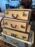 Set of 3 Matching Vintage Luggage, Tooled Alligator Like Leather Trim