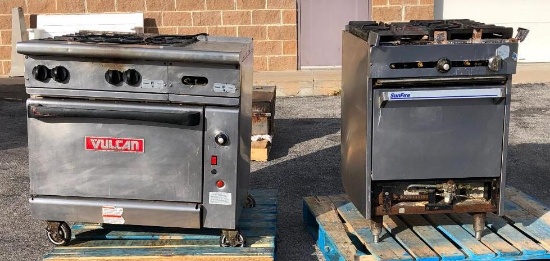 Lot of 2 Four Burner Gas Ranges and Ovens, Vulcan and SunFire