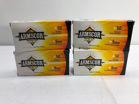 Lot of 4 Items: (4) Armscor USA 9mm 115gr Full Metal Jacket 50 Centerfire Pistol Cartridges 200