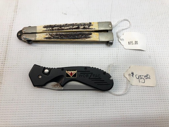 BEAR MSC USA Butterfly Knife w/ Stag Like Handle, WORZTAC Paragon Cutlery Auto Open Knife