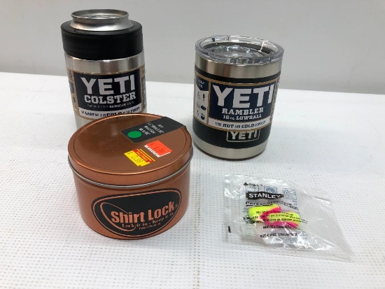 Lot of 3+ Items: (1) Yeti Black Rambler 10oz Lowball, (1) Yeti Colster, (1) Shirt Lock Container,