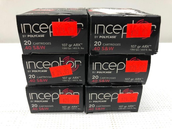 Lot of 6 Items: (6) Inceptor by Polycase ARX Self-Defense .40 S&W Ammunition 107gr ARX