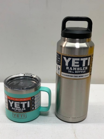 Lot of 2 Items: (1) Yeti Rambler 36oz Bottle, (1) Yeti Rambler 14oz Seafoam Mug