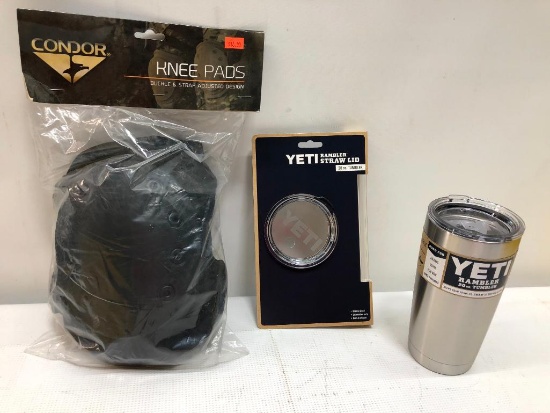 3 Items: YETI 20oz Rambler Tumber Stainless Steel, Rambler Straw Lid & Straw & Condor Knee Pads