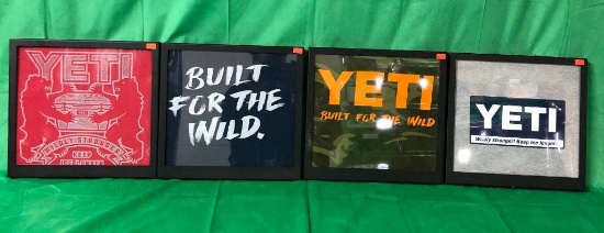 Lot of 4 Framed YETI T-Shirts, Framed in Metal Display Toppers w/ Magnetic Back