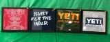 Lot of 4 Framed YETI T-Shirts, Framed in Metal Display Toppers w/ Magnetic Back