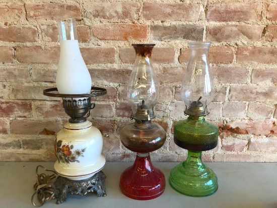 2 Oil Lamps, 1 Electrified Lamp