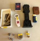 Vintage Smalls; Cast Iron Clock Still Bank, Tape Measure, Cards, Church Keys