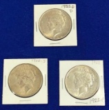 3 Peace Silver Dollars, 1922 P, 1922 D, 1922 S