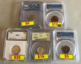 5 Graded Slab Coins, 1950 Quarter, 1955 Pennies, 1962 D Dime, 2005 P Dime