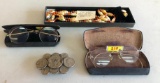 Coin Belt Buckle, 2 Vintage Eye Glasses, Vintage Art Glass Necklace & Earrings