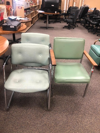 Lot of 3 Retro Chairs, Aqua Color, Chrome and Wood, Side Chairs