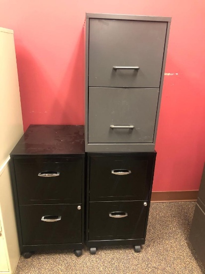 Lot of 3 Metal 2-Drawer File Cabinets, 2 Black, 1 Grey, No Keys