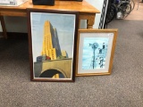 2 Framed Prints, Retro City Sky Scraper, Bridge, Trucks 19in x 30in & Men Building Barn w/ Windmill