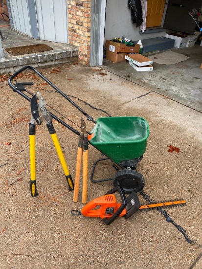 Scotts Fertilizer Spreader w/ Loppers, Trimmer and Electric Hedge Trimmer